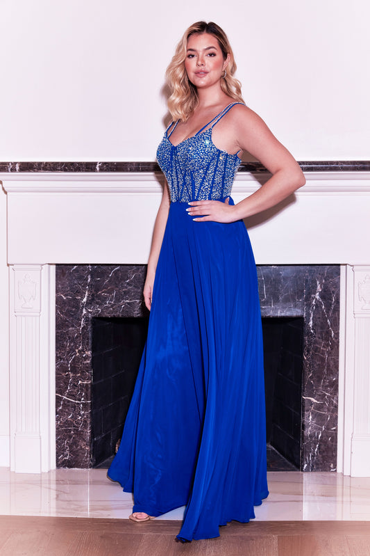 Floor Length Formal Royal Blue Hand Beaded Top Dress