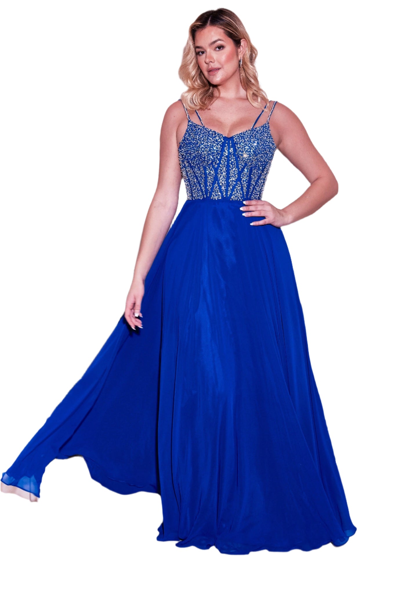 Dylan and Davids Full-Length Formal Gown Royal Blue Hand Beaded Top Dress - ROYAL BLUE - Front Full View