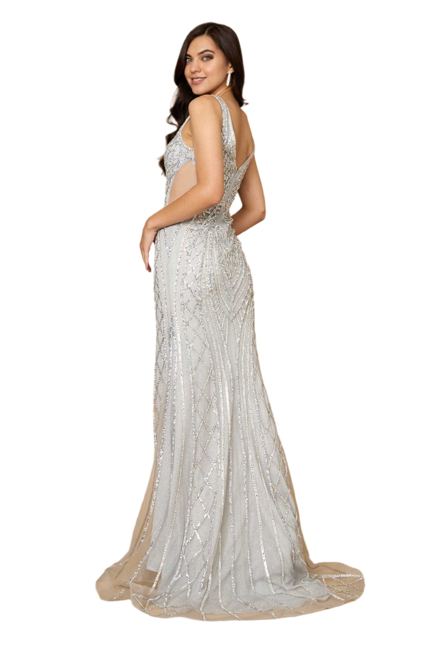 Dylan and Davids Full-Length Hand Beaded Couture Sequin Formal Gown Dress - SILVER - Back