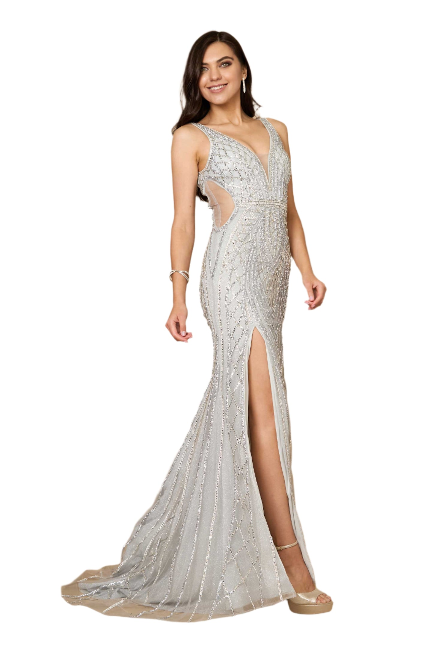 Dylan and Davids Full-Length Hand Beaded Couture Sequin Formal Gown Dress - SILVER - Side View