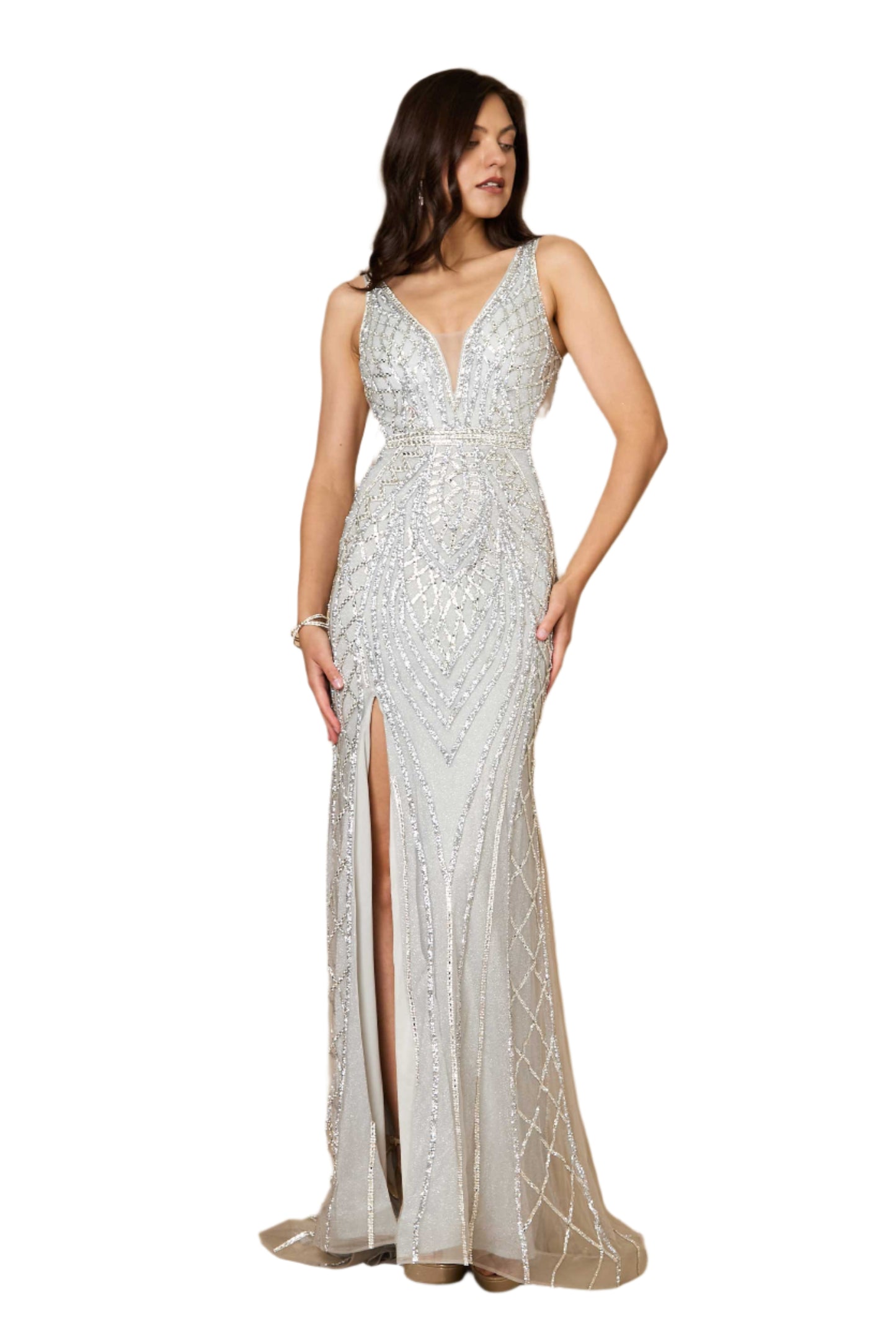 Dylan and Davids Full-Length Hand Beaded Couture Sequin Formal Gown Dress - SILVER - Front View