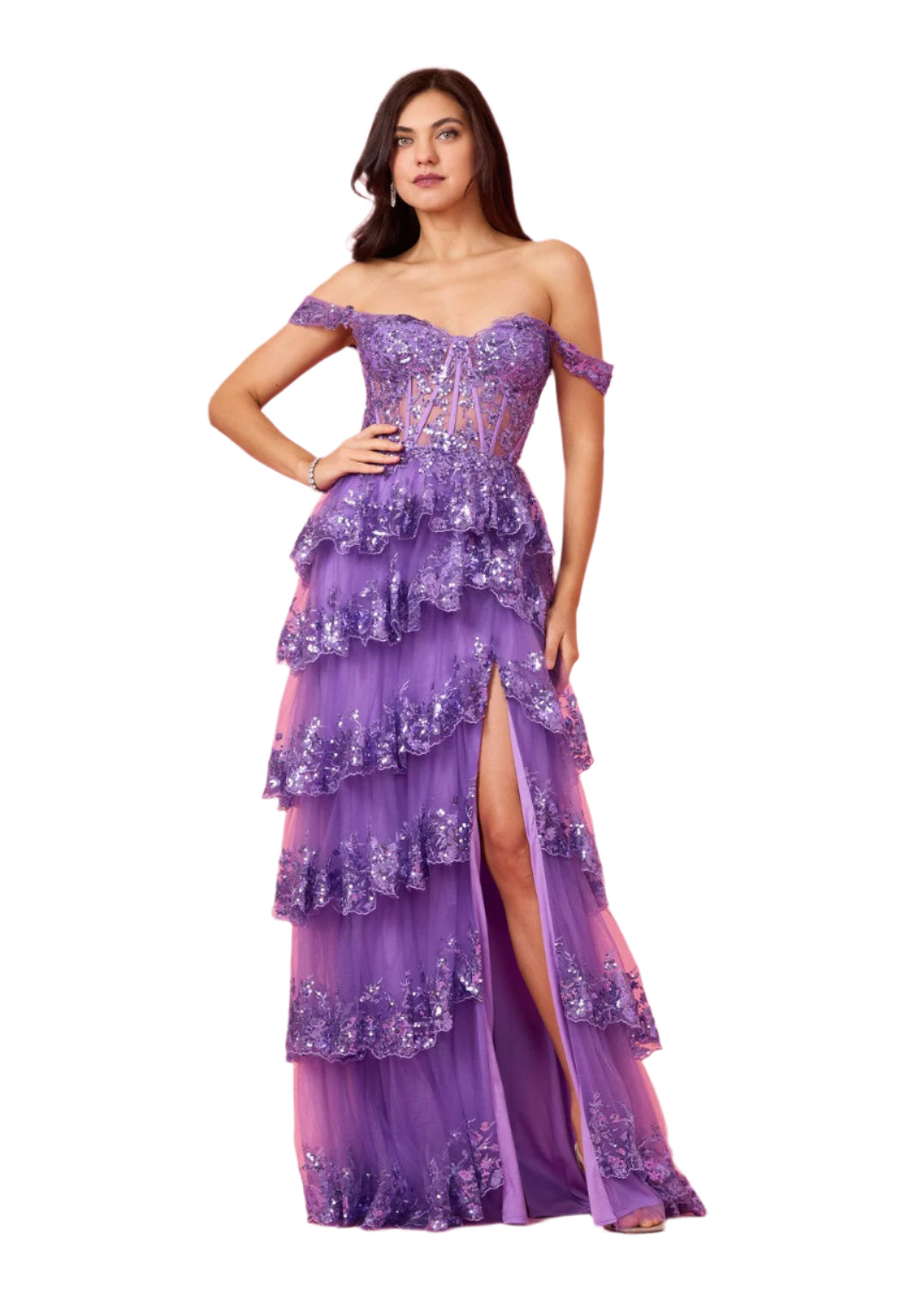 Dylan and Davids Full-Length Sequin Sheer Corset-Style Prom Dress - DARK LILAC - Front