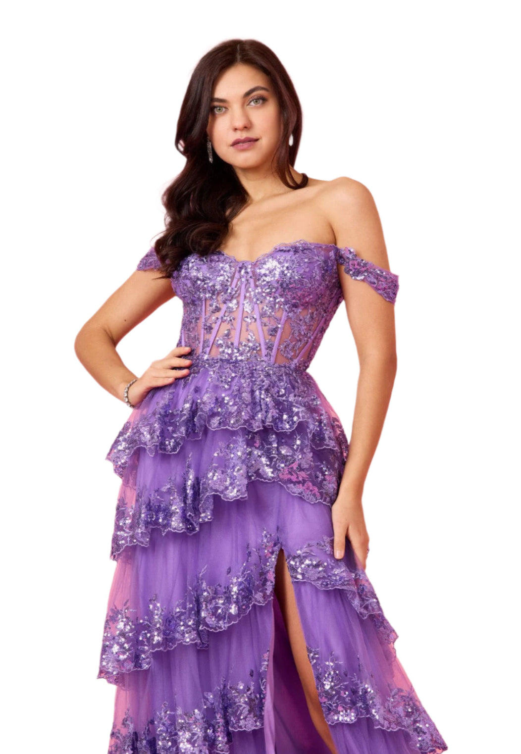 Dylan and Davids Full-Length Sequin Sheer Corset-Style Prom Dress - DARK LILAC - Fabric