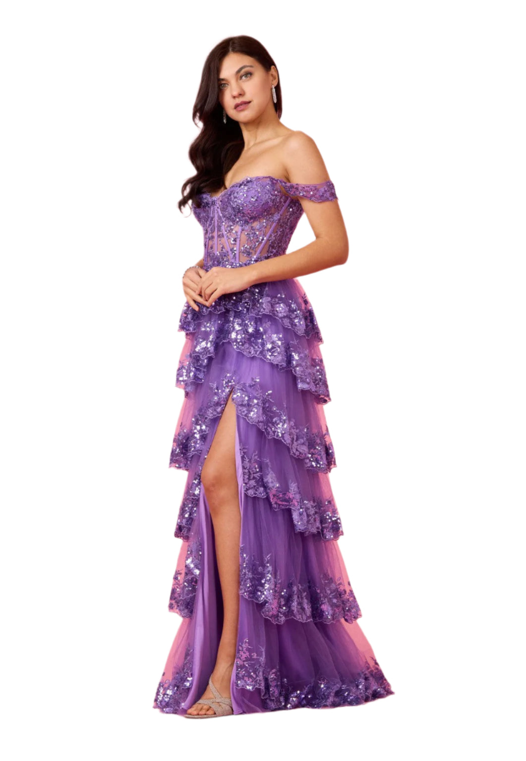 Dylan and Davids Full-Length Sequin Sheer Corset-Style Prom Dress - DARK LILAC - Side