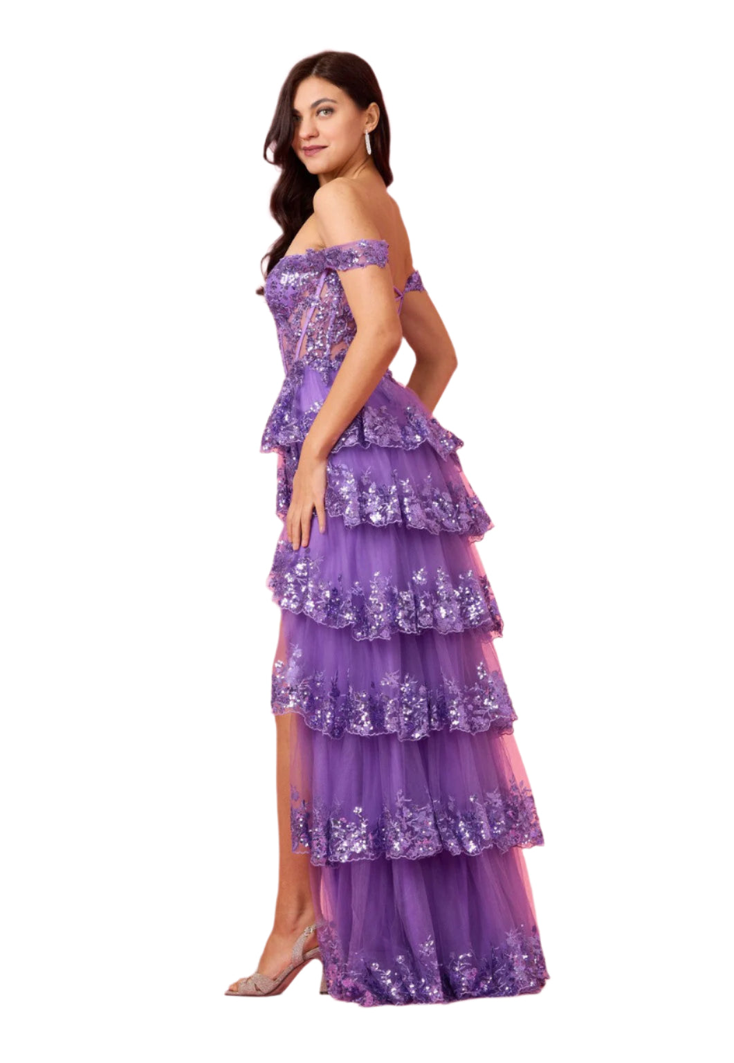 Dylan and Davids Full-Length Sequin Sheer Corset-Style Prom Dress - DARK LILAC - Side View
