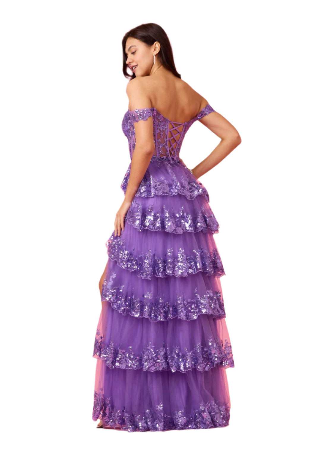 Dylan and Davids Full-Length Sequin Sheer Corset-Style Prom Dress - DARK LILAC - Back