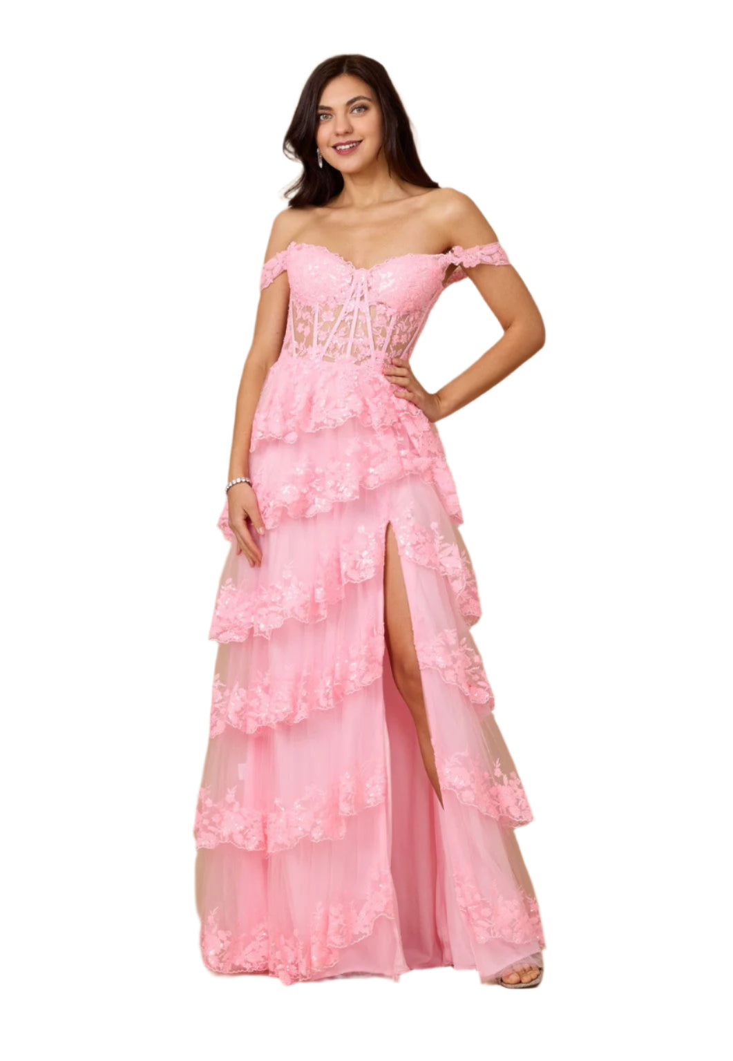 Dylan and Davids Full-Length Sequin Sheer Corset-Style Prom Dress - PINK - Front