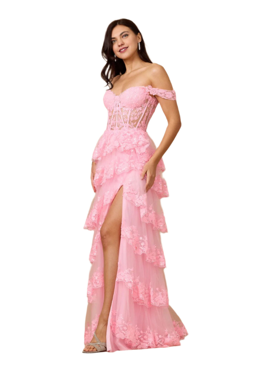 Dylan and Davids Full-Length Sequin Sheer Corset-Style Prom Dress - PINK - Side View
