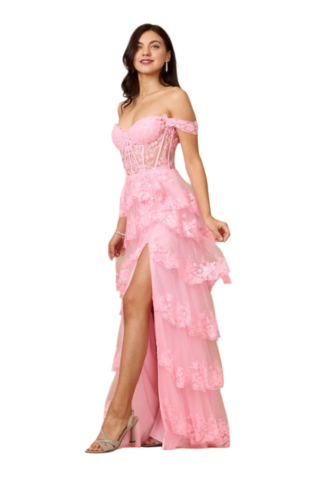 Dylan and Davids Full-Length Sequin Sheer Corset-Style Prom Dress - PINK - Side