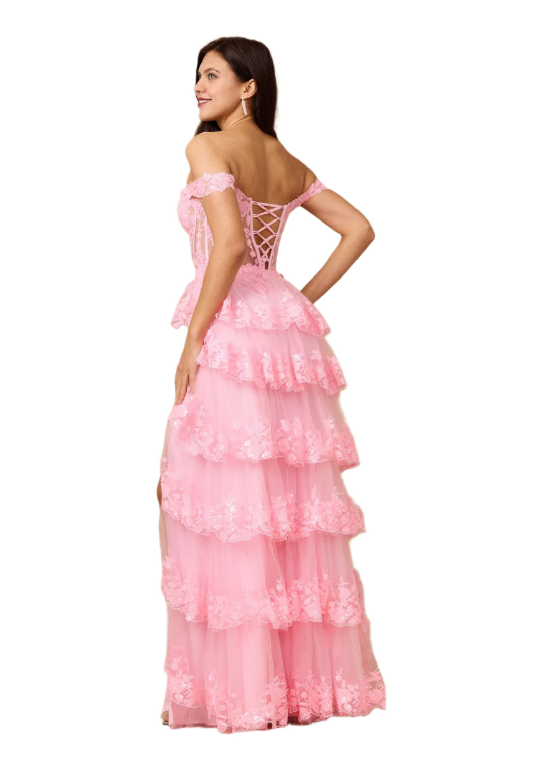 Dylan and Davids Full-Length Sequin Sheer Corset-Style Prom Dress - PINK - Back