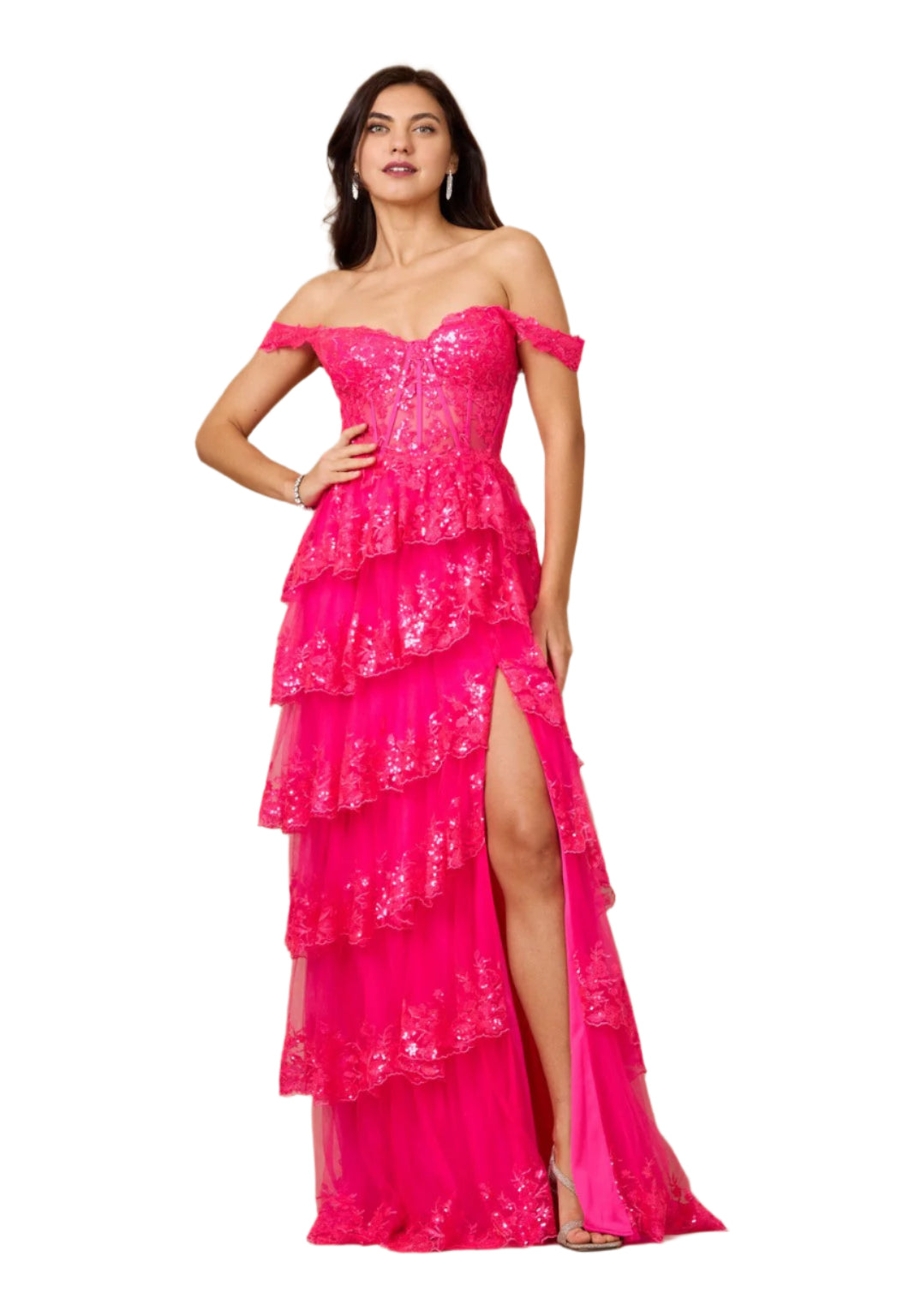 Dylan and Davids Full-Length Sequin Sheer Corset-Style Prom Dress - FUCHSIA - Front