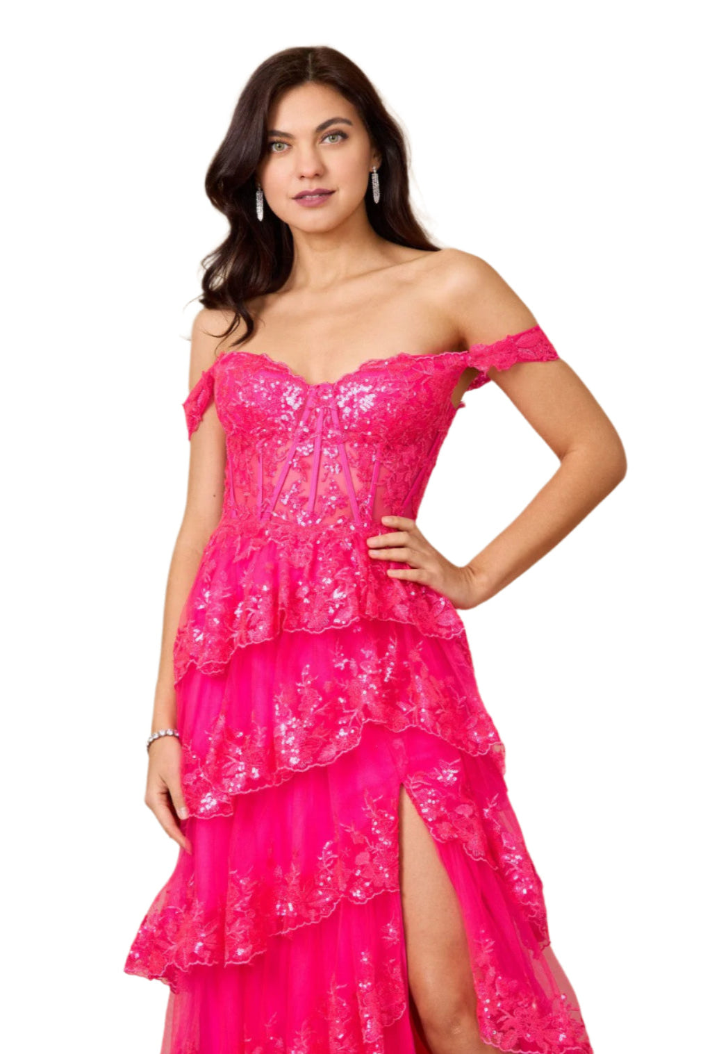 Dylan and Davids Full-Length Sequin Sheer Corset-Style Prom Dress - FUCHSIA - Fabric