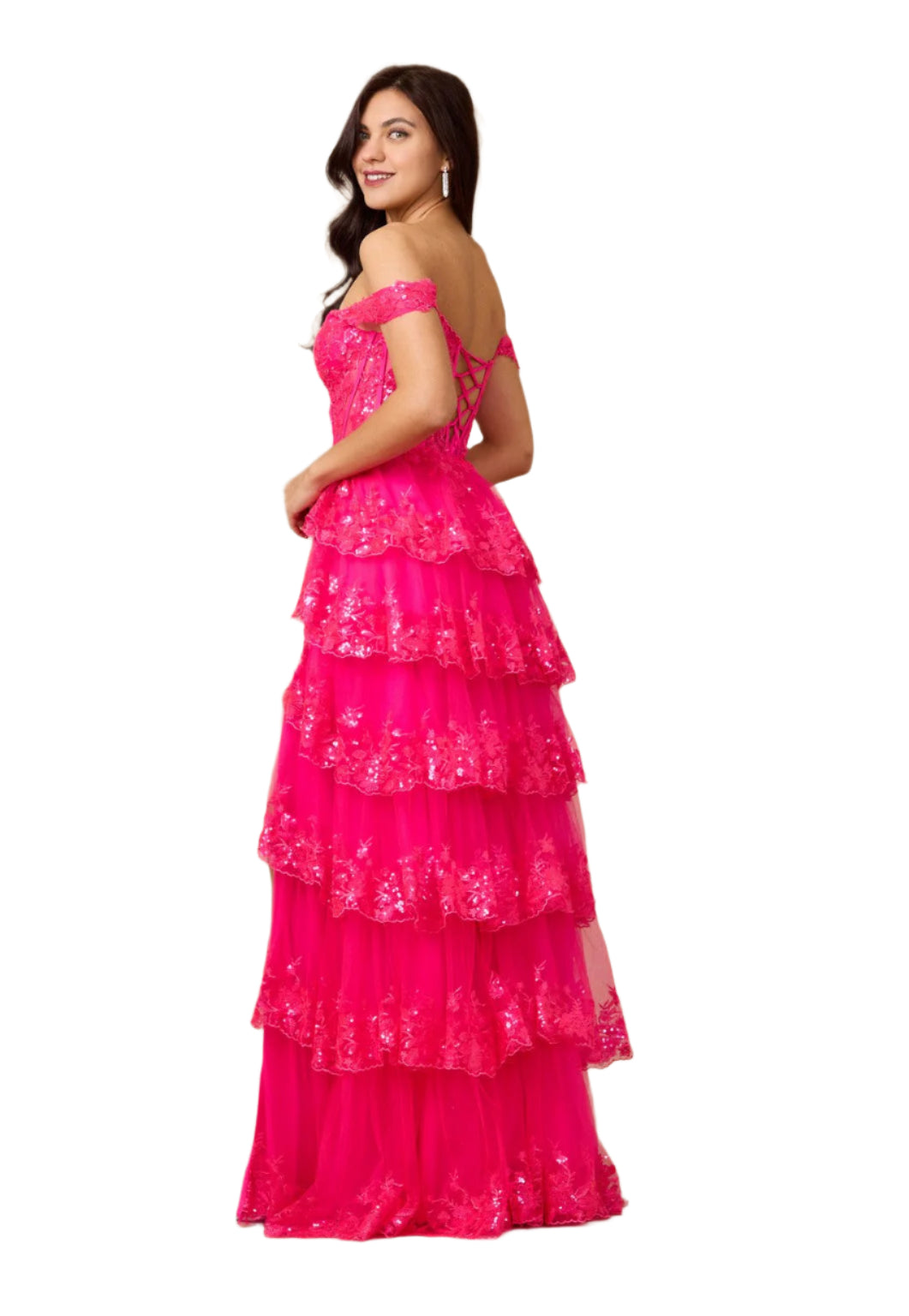 Dylan and Davids Full-Length Sequin Sheer Corset-Style Prom Dress - FUCHSIA - Back