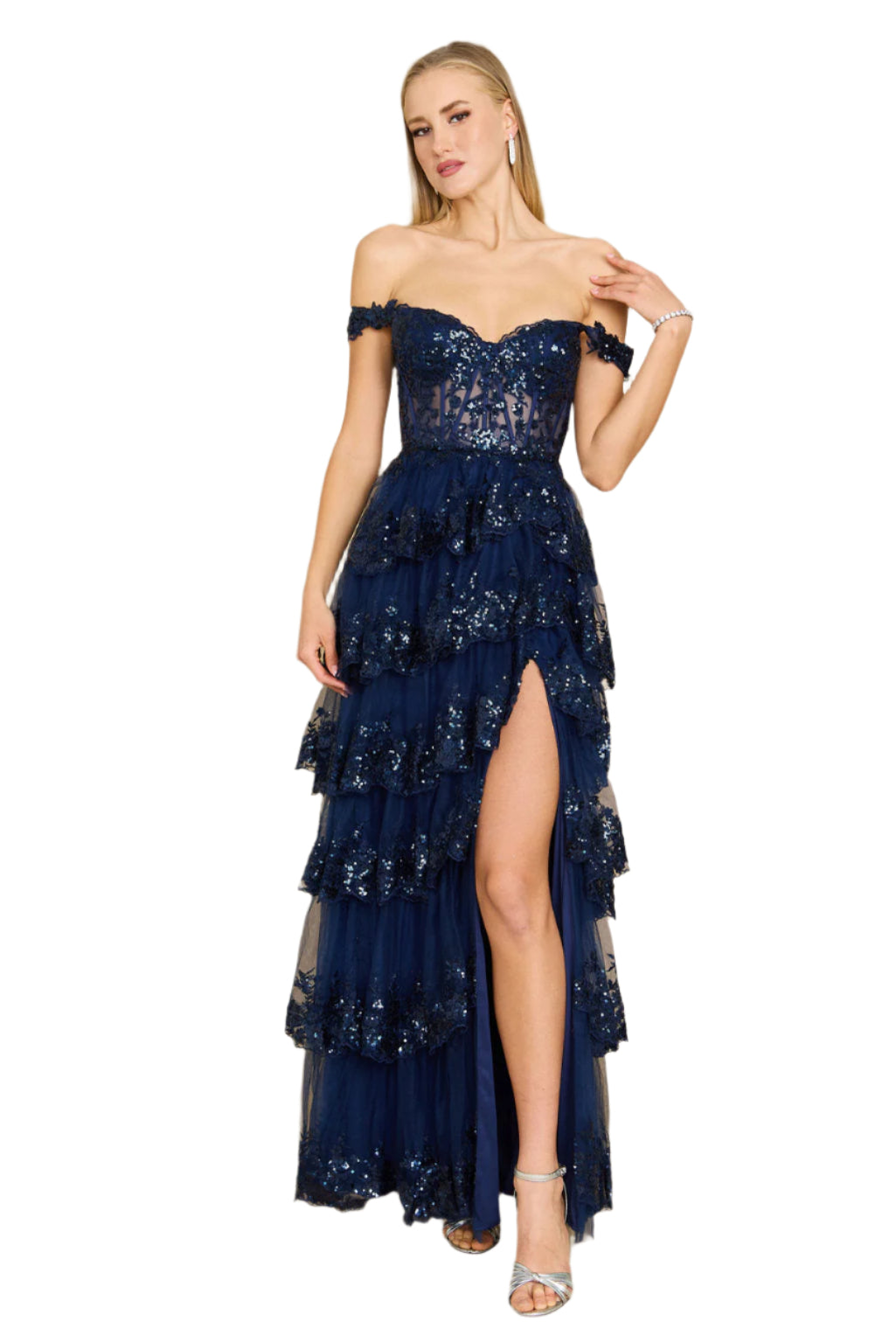 Dylan and Davids Full-Length Sequin Sheer Corset-Style Prom Dress - NAVY - Front