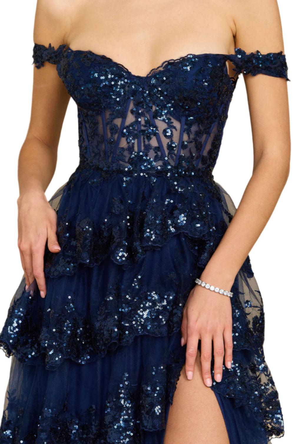 Dylan and Davids Full-Length Sequin Sheer Corset-Style Prom Dress - NAVY - Fabric