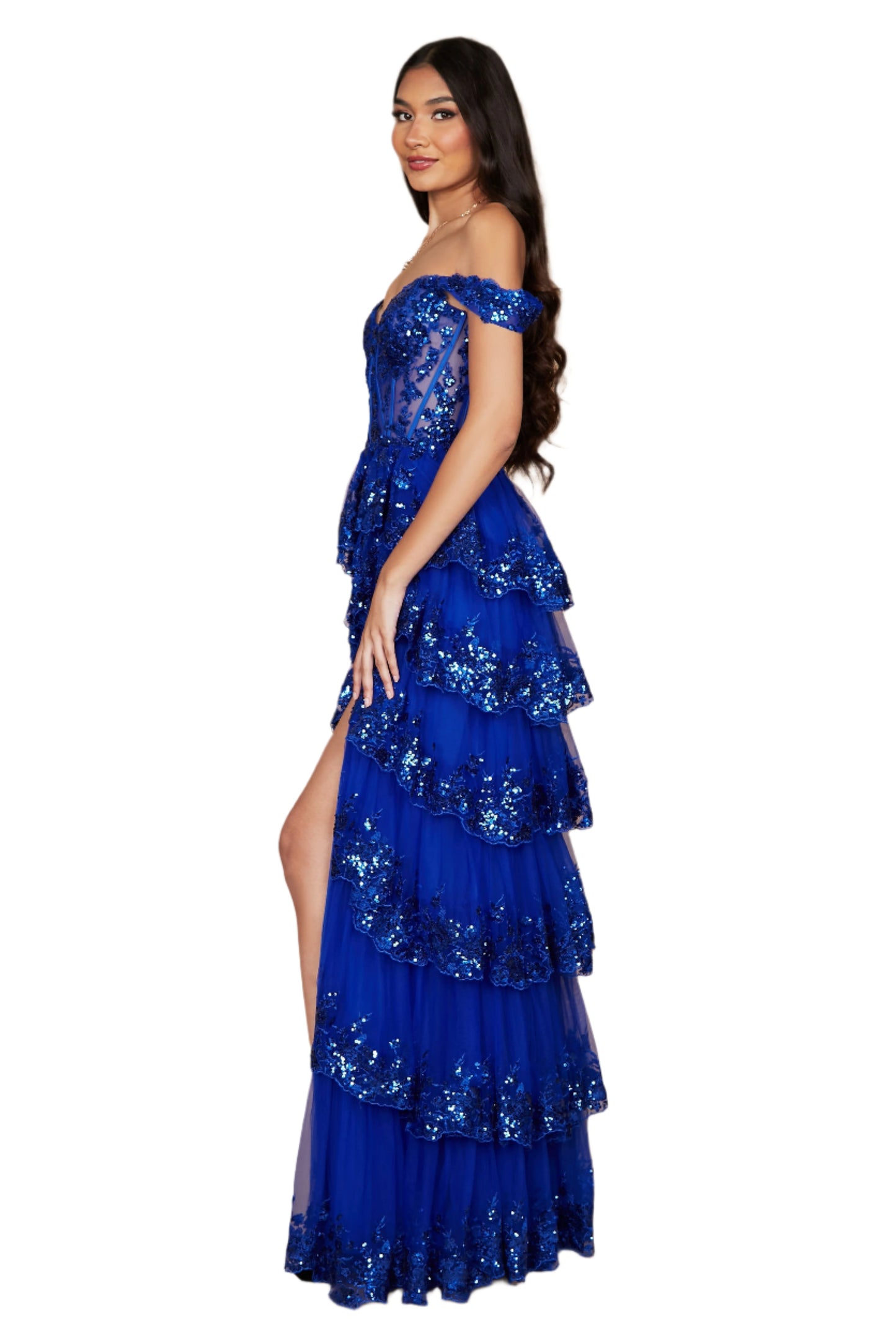 Dylan and Davids Full-Length Sequin Sheer Corset-Style Prom Dress - ROYAL - Side