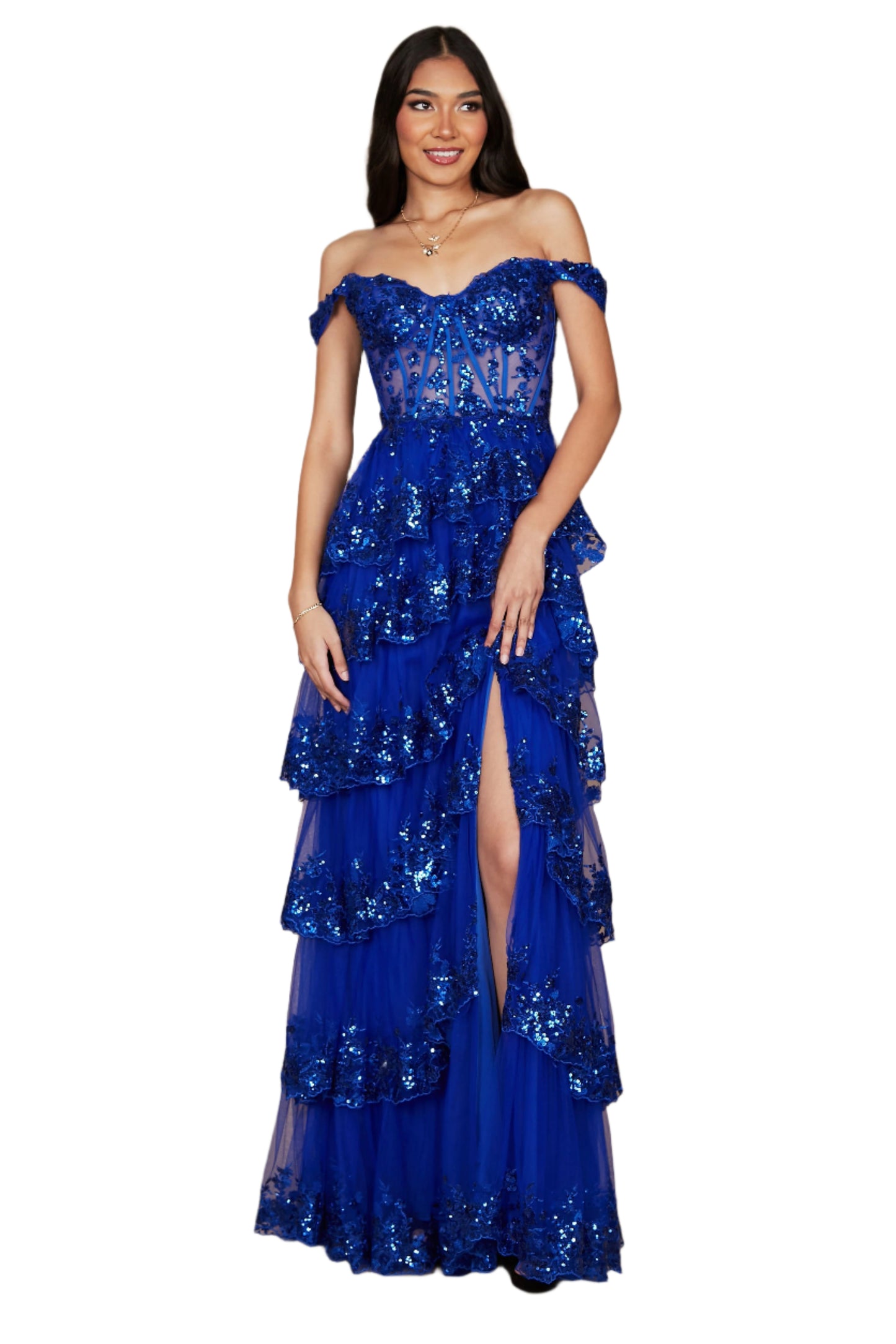 Dylan and Davids Full-Length Sequin Sheer Corset-Style Prom Dress - ROYAL - Front