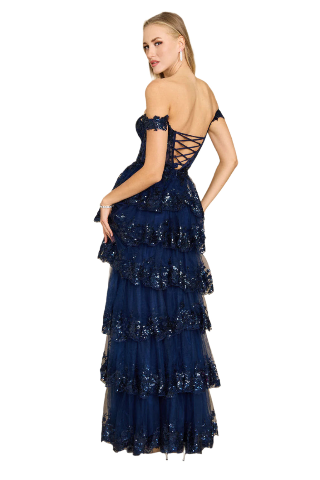 Dylan and Davids Full-Length Sequin Sheer Corset-Style Prom Dress - NAVY - Back