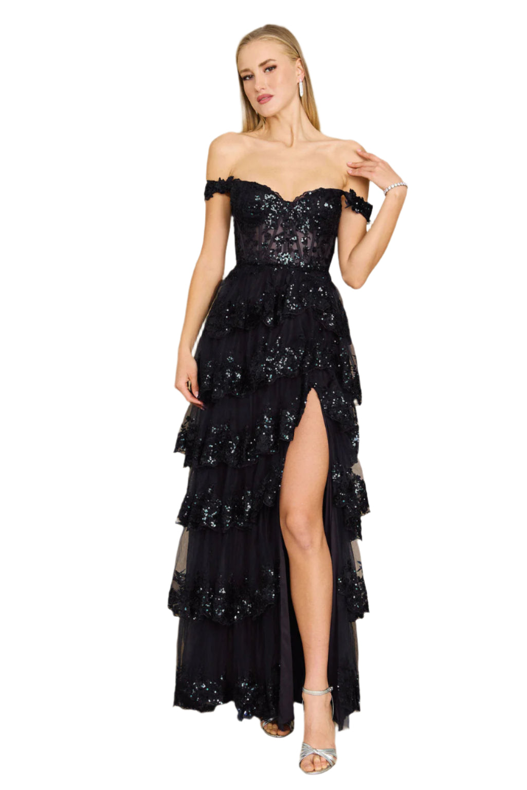 Dylan and Davids Full-Length Sequin Sheer Corset-Style Prom Dress - BLACK - Front