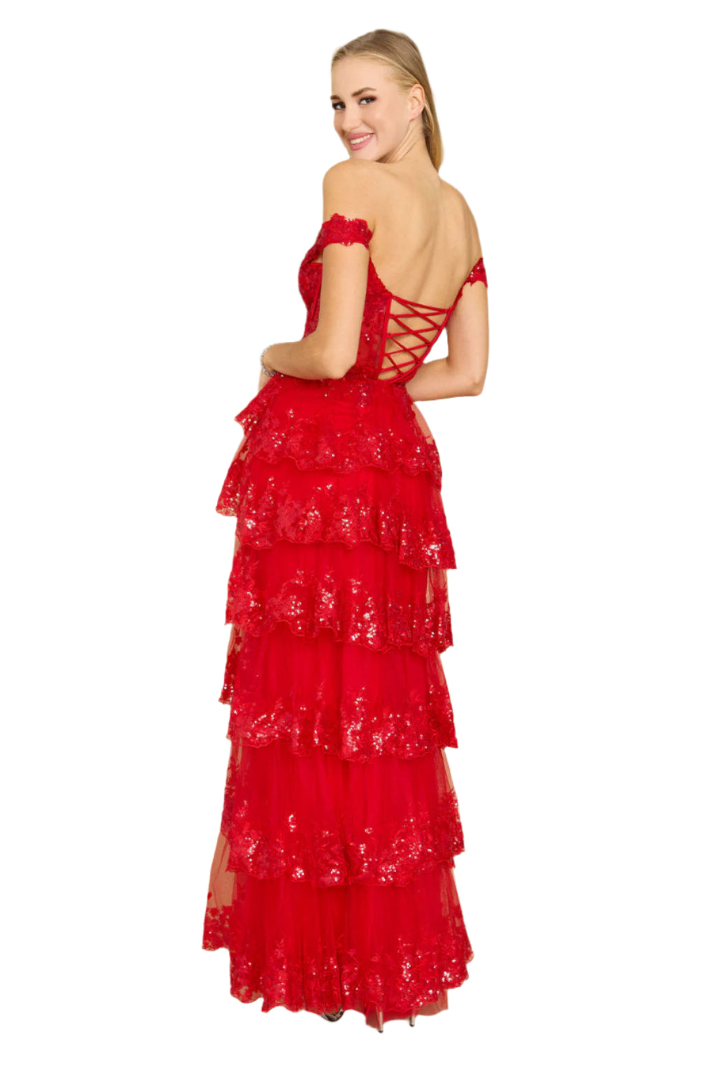 Dylan and Davids Full-Length Sequin Sheer Corset-Style Prom Dress - RED - Back