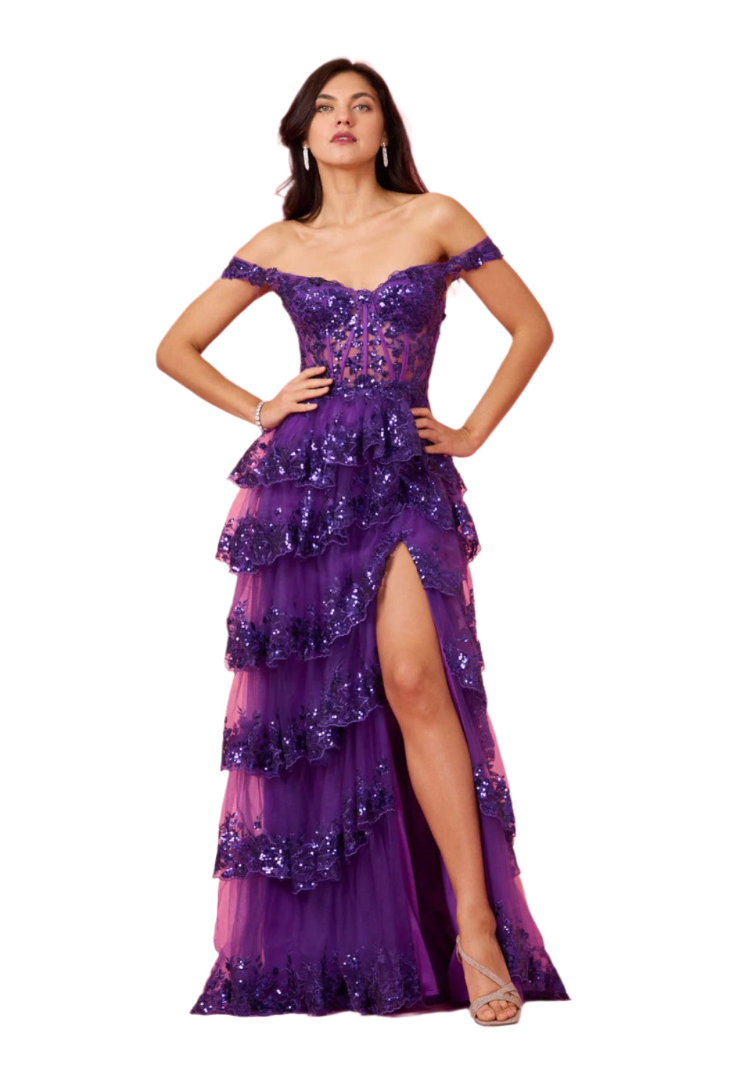 Dylan and Davids Full-Length Sequin Sheer Corset-Style Prom Dress - DARK PURPLE - Front