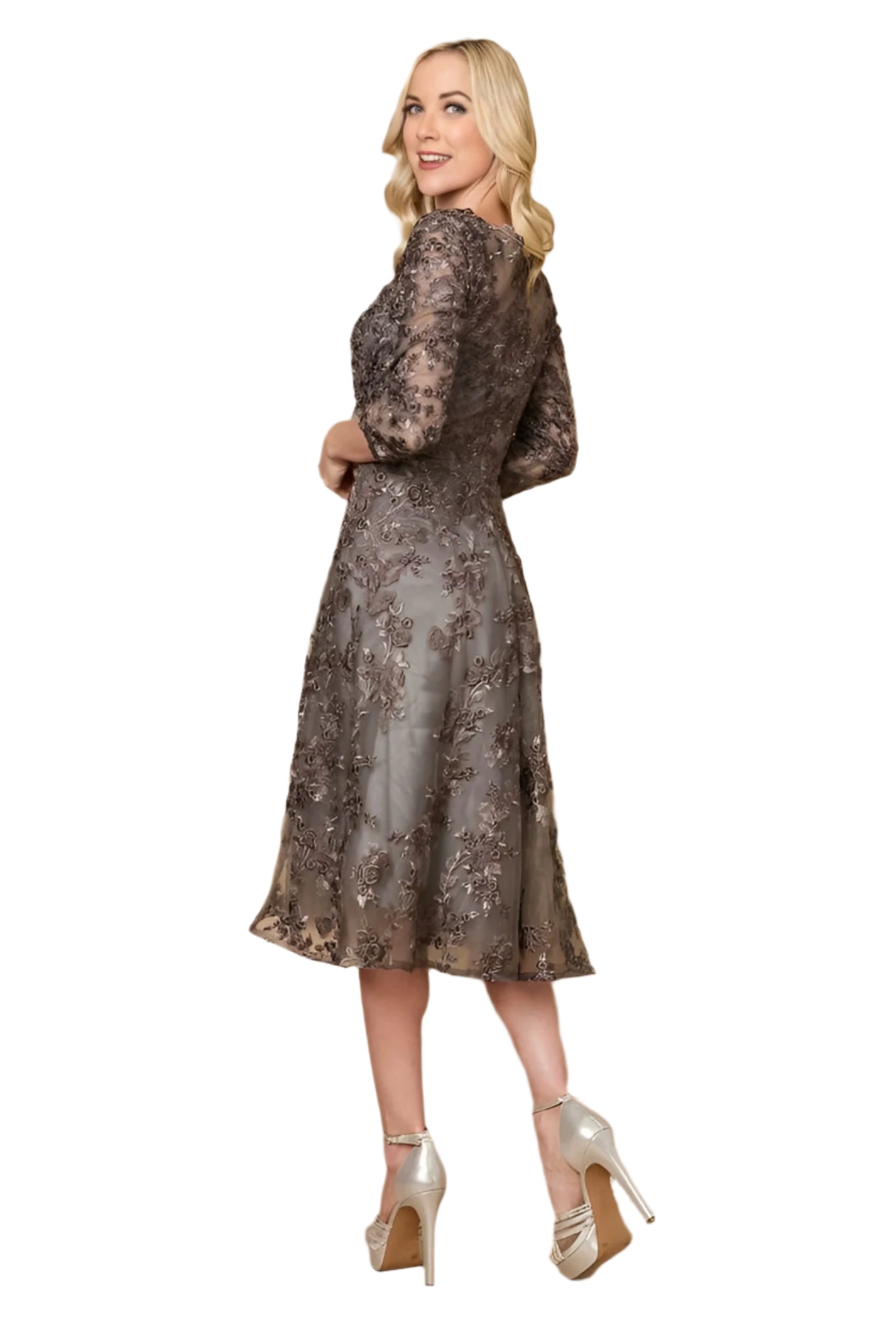 Dylan and Davids Midi-Length Cocktail Lace Mother of the Bride Dress - CHARCOAL - Back