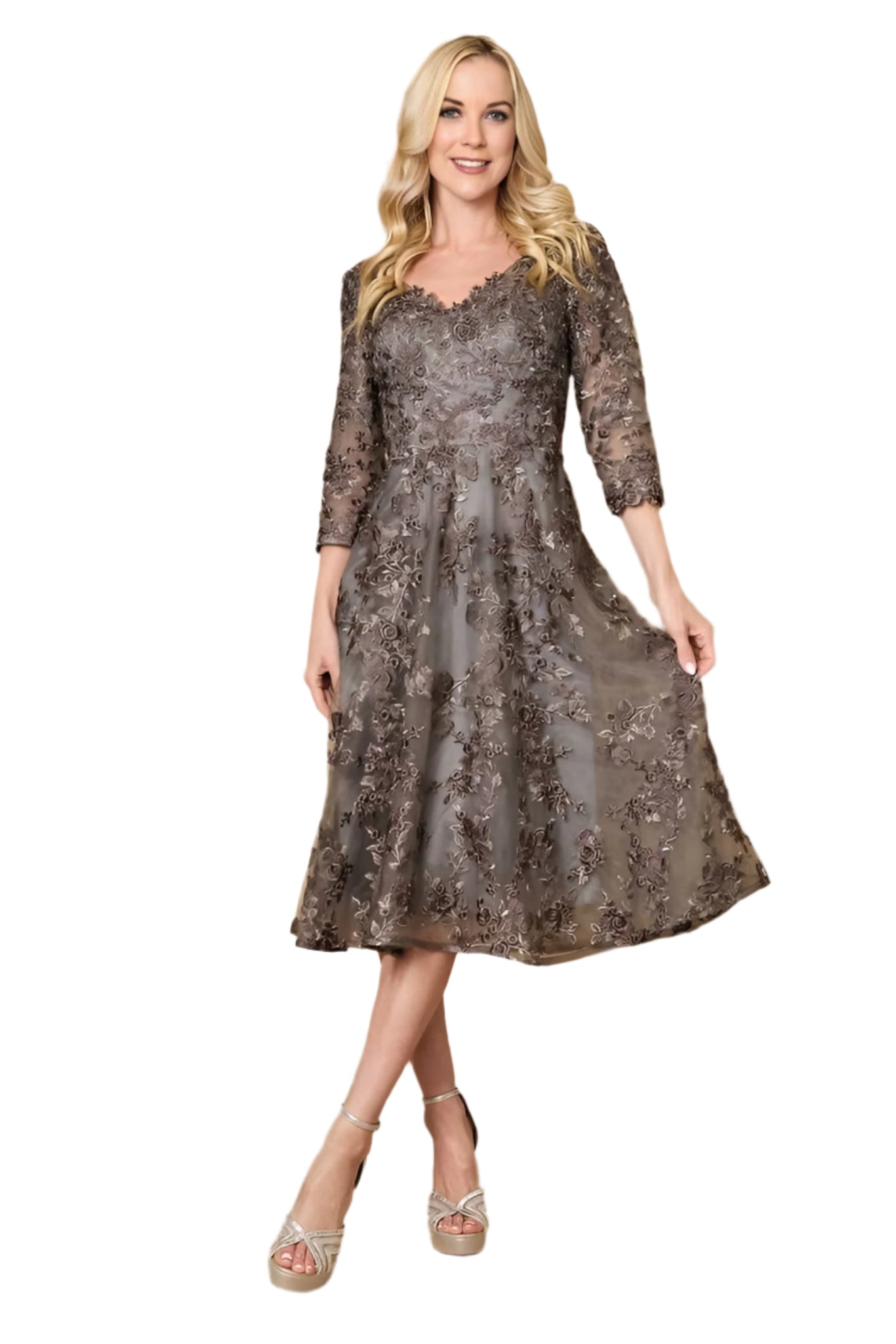 Dylan and Davids Midi-Length Cocktail Lace Mother of the Bride Dress - CHARCOAL - Front