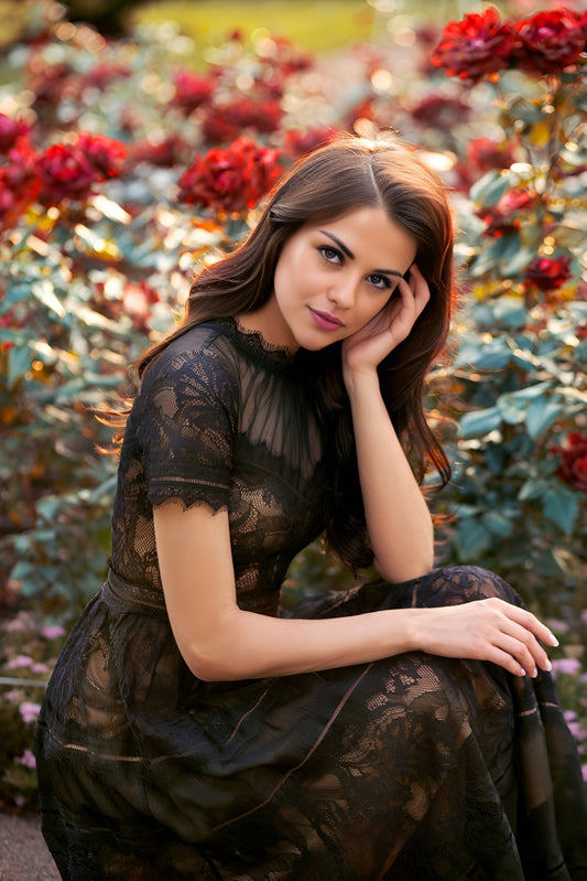Tea Length Lace Formal Black Cocktail Dress