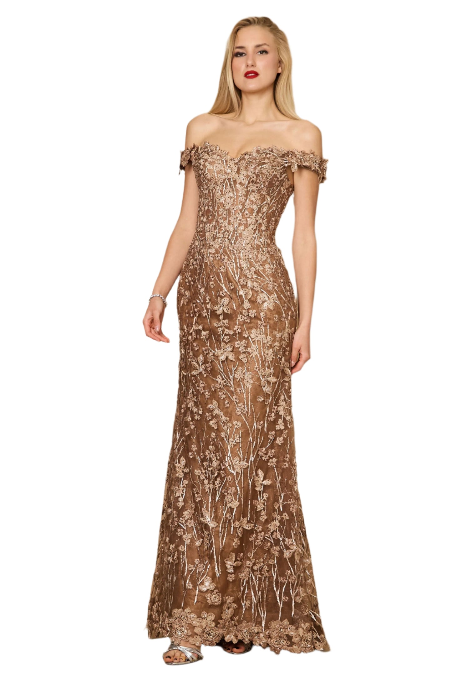 Kos Couture Off Shoulder Vintage Lace Mother of The Bride Dress -ANTIQUE GOLD - FRONT VIEW 2