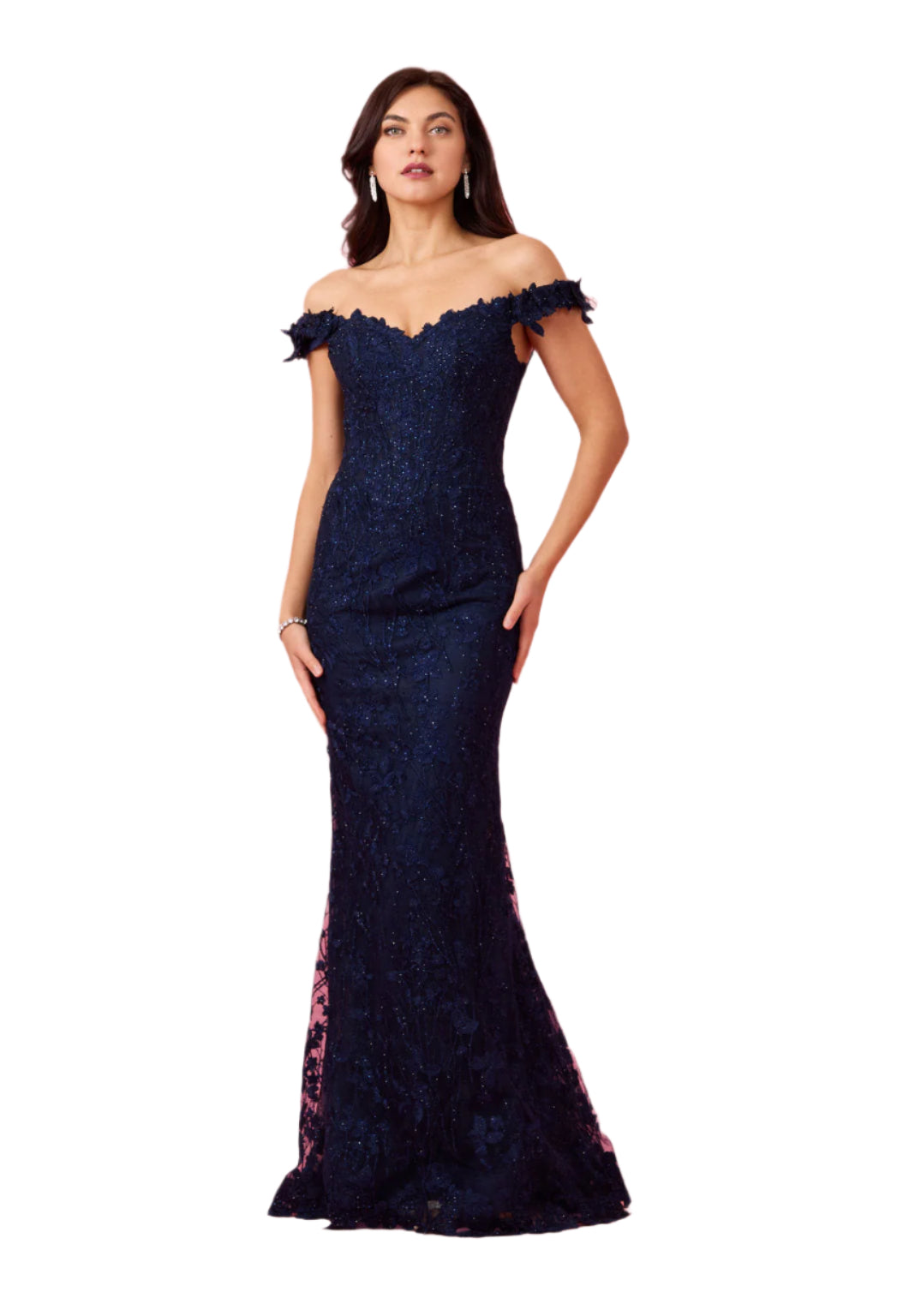 Kos Couture Off Shoulder Vintage Lace Mother of The Bride Dress -navy - front
