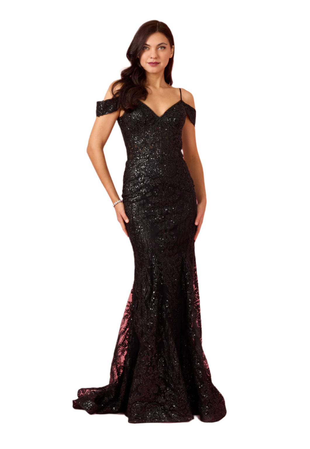 Dylan and Davids Off Shoulder Sequin Corset-Style Formal Gown Dress - BLACK - FRONT