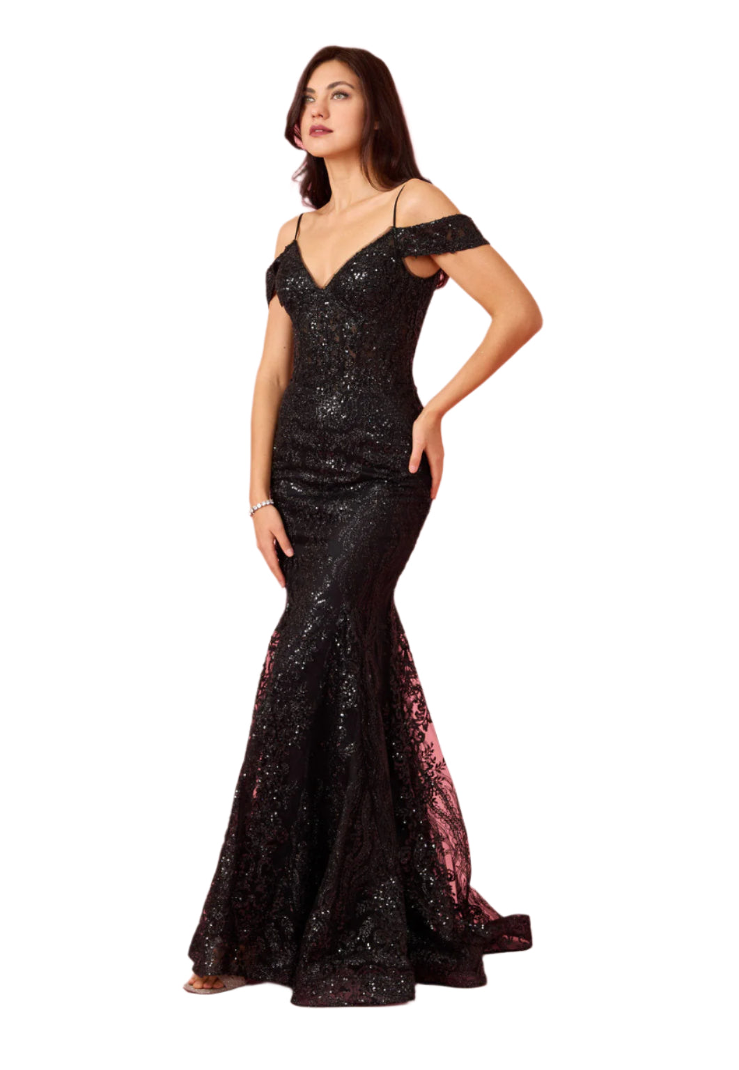 Dylan and Davids Off Shoulder Sequin Corset-Style Formal Gown Dress - BLACK - SIDE VIEW 2