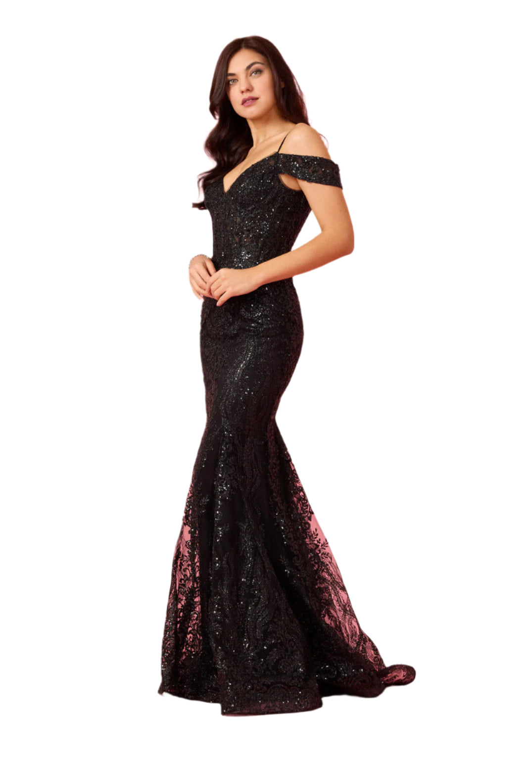 Dylan and Davids Off Shoulder Sequin Corset-Style Formal Gown Dress - BLACK - SIDE VIEW