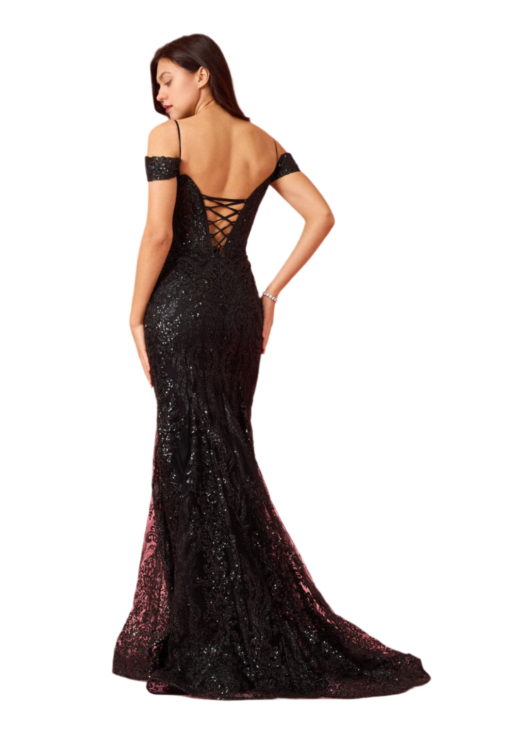 Dylan and Davids Off Shoulder Sequin Corset-Style Formal Gown Dress - BLACK - BACK