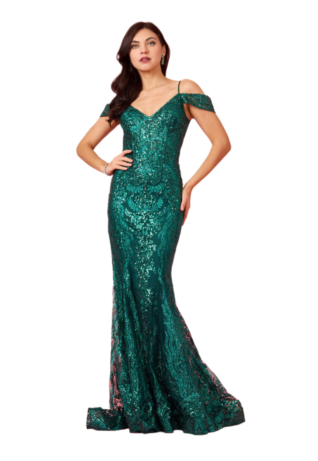 Dylan and Davids Off Shoulder Sequin Corset-Style Formal Gown Dress - EMERALD GREEN - FRONT VIEW 2