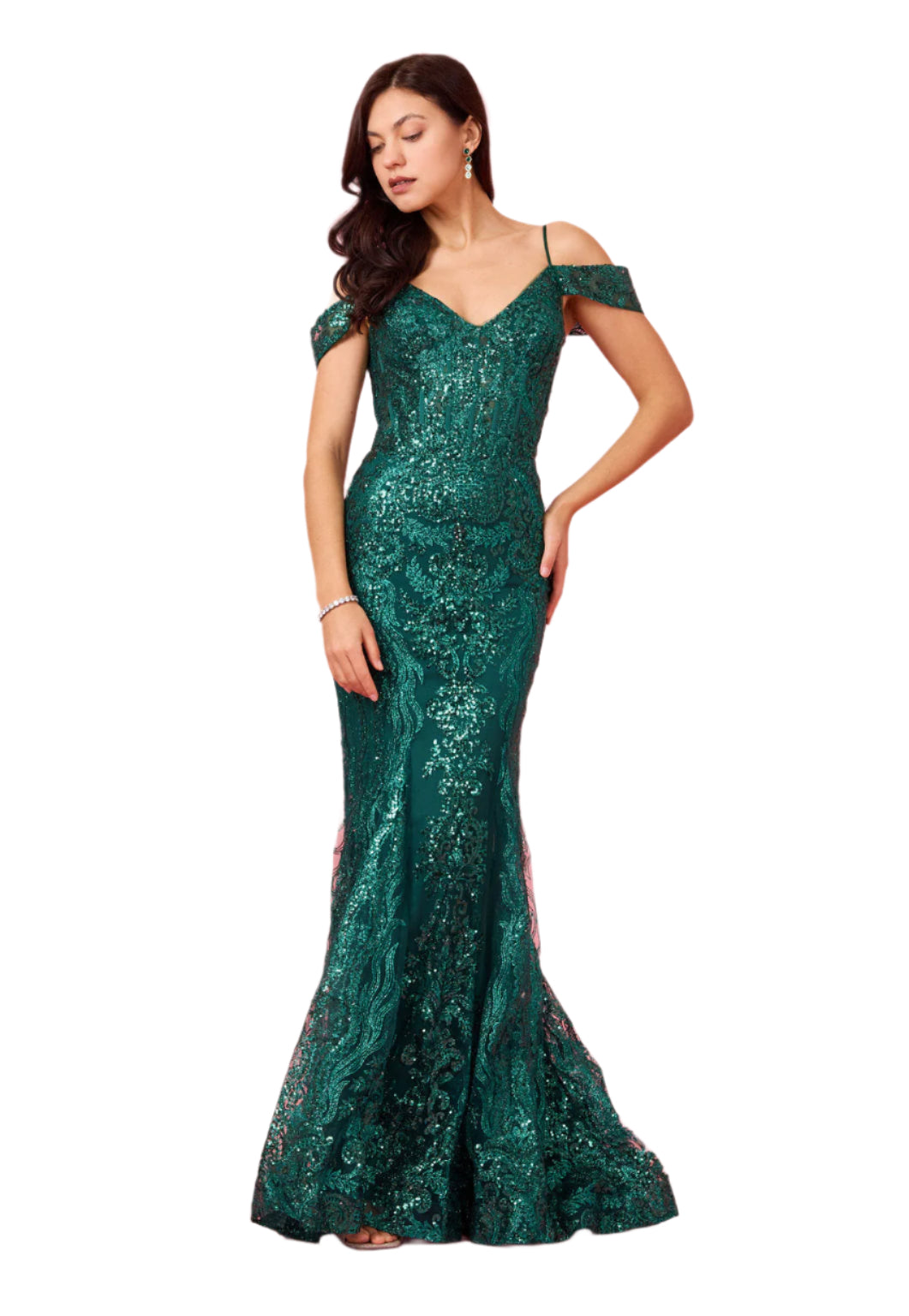 Dylan and Davids Off Shoulder Sequin Corset-Style Formal Gown Dress - EMERALD GREEN - FRONT VIEW 4