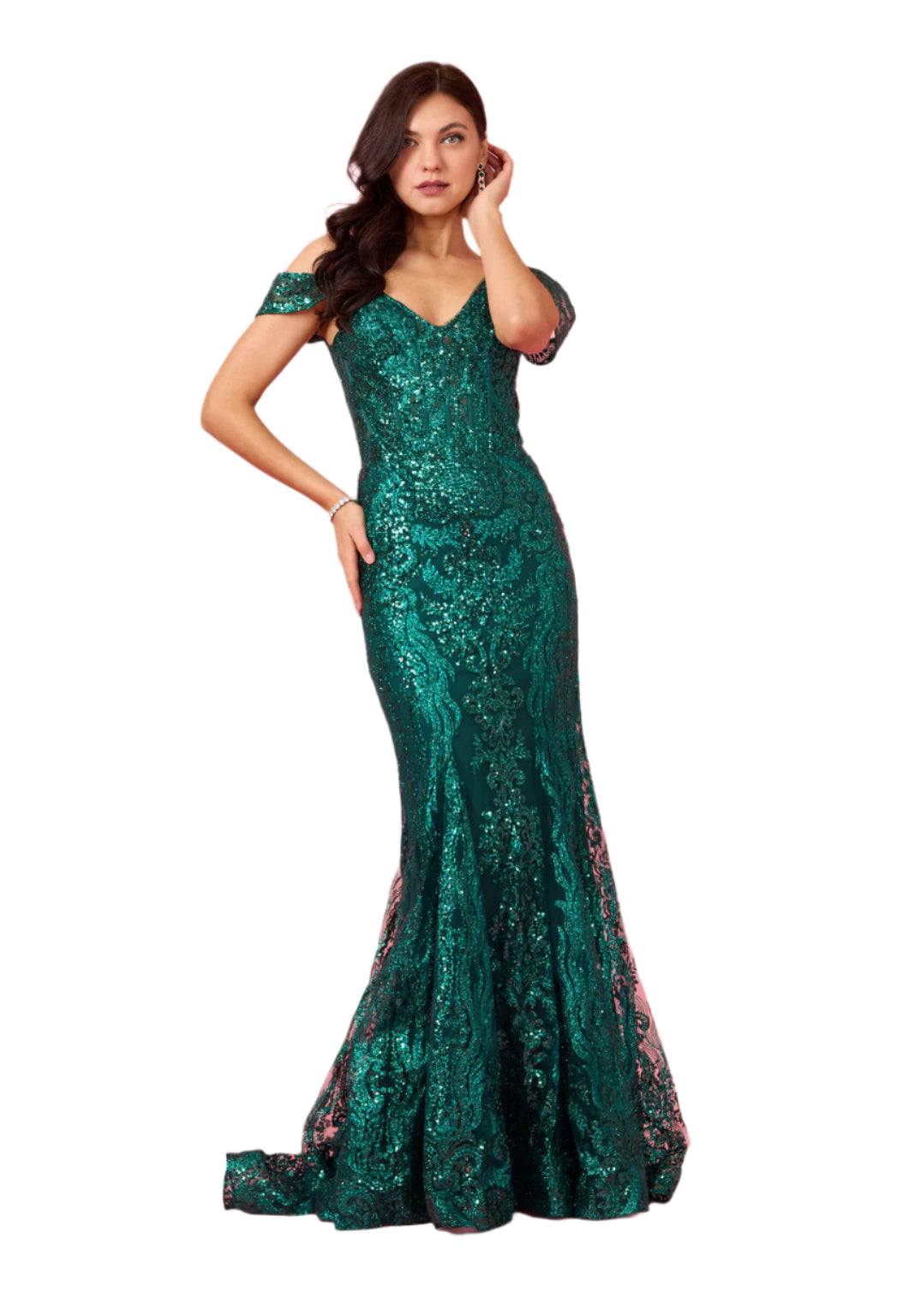 Dylan and Davids Off Shoulder Sequin Corset-Style Formal Gown Dress - EMERALD GREEN - FRONT VIEW 3