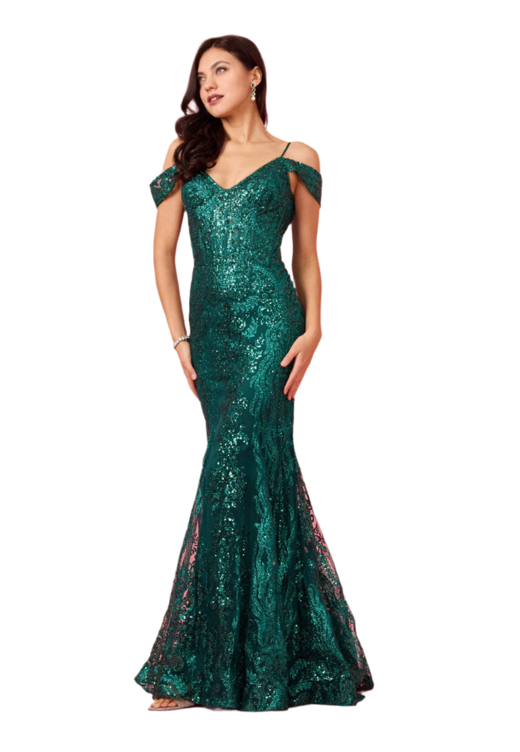 Dylan and Davids Off Shoulder Sequin Corset-Style Formal Gown Dress - EMERALD GREEN - FRONT