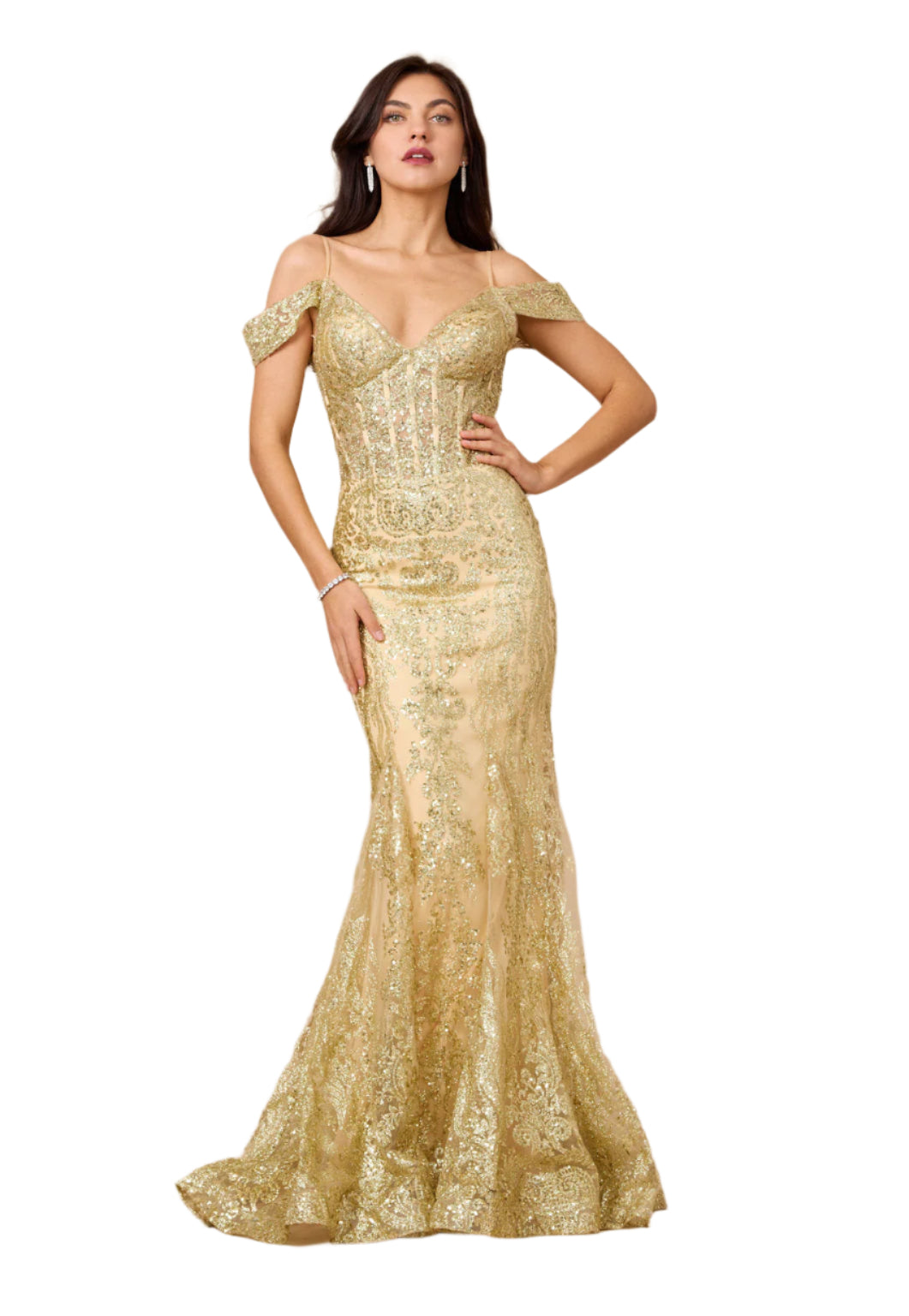 Dylan and Davids Off Shoulder Sequin Corset-Style Formal Gown Dress - GOLD - FRONT