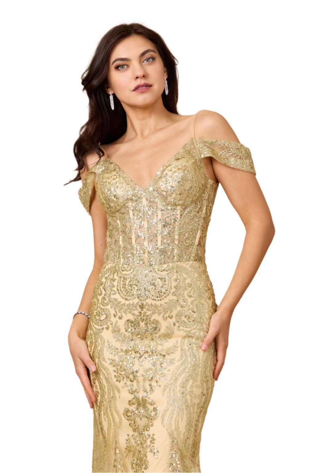 Dylan and Davids Off Shoulder Sequin Corset-Style Formal Gown Dress - GOLD - FRONT VIEW 2