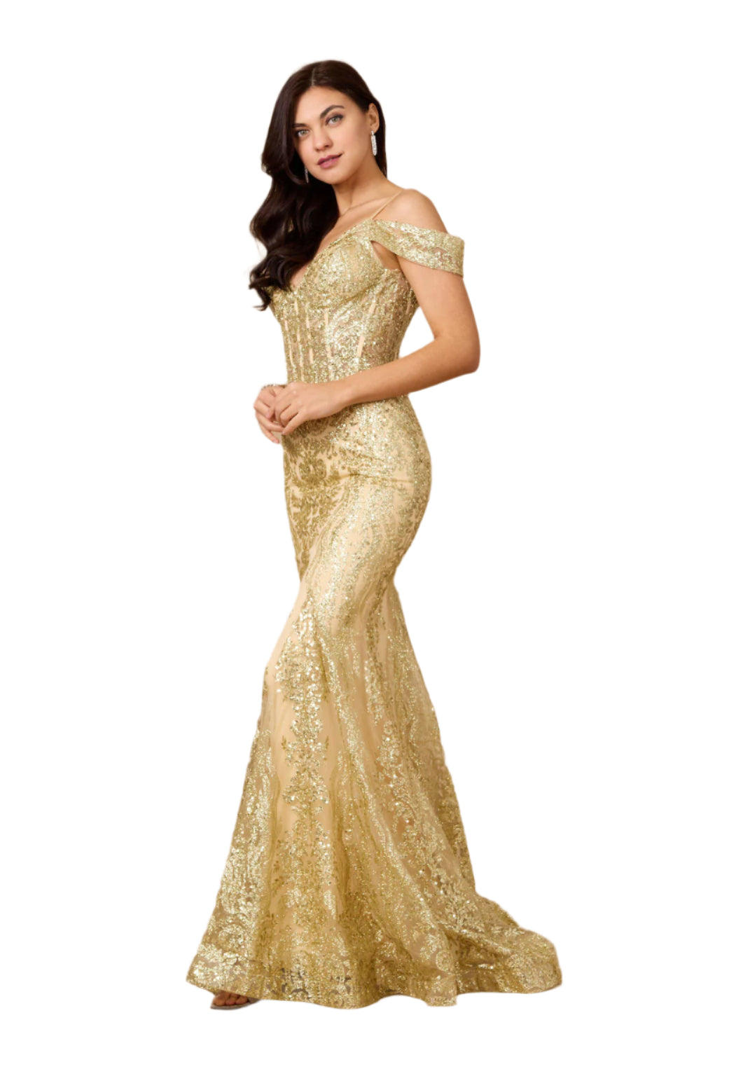 Dylan and Davids Off Shoulder Sequin Corset-Style Formal Gown Dress - GOLD - SIDE VIEW 2