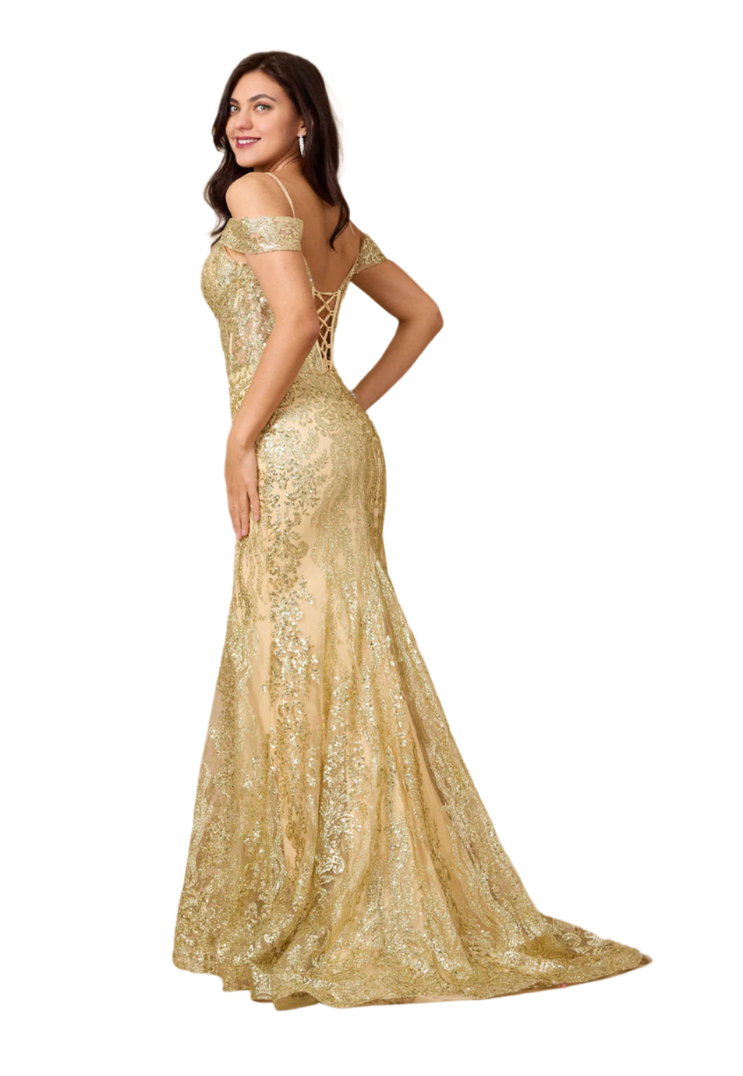 Dylan and Davids Off Shoulder Sequin Corset-Style Formal Gown Dress - GOLD - SIDE