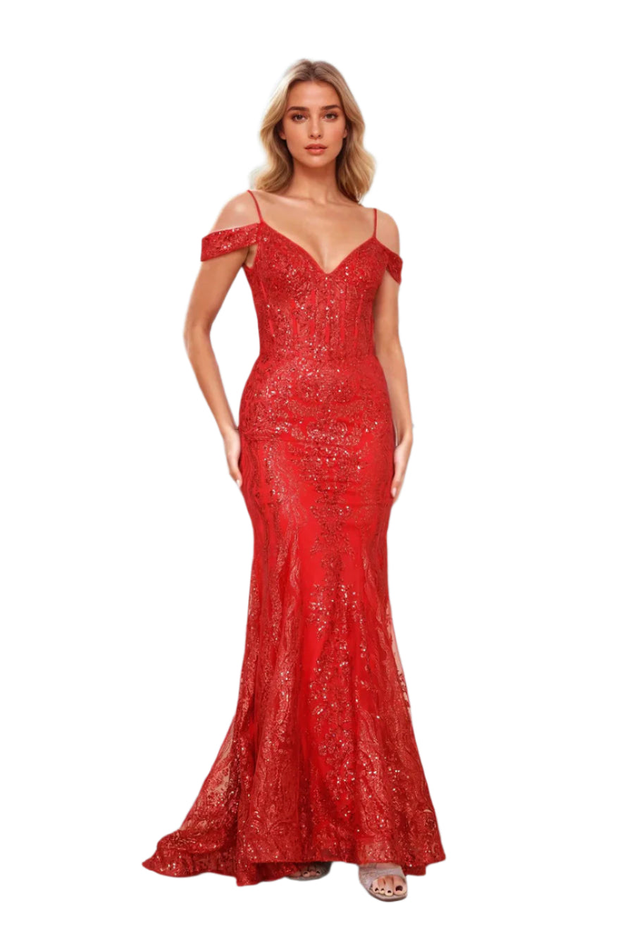 Dylan and Davids Off Shoulder Sequin Corset-Style Formal Gown Dress - RED - FRONT VIEW