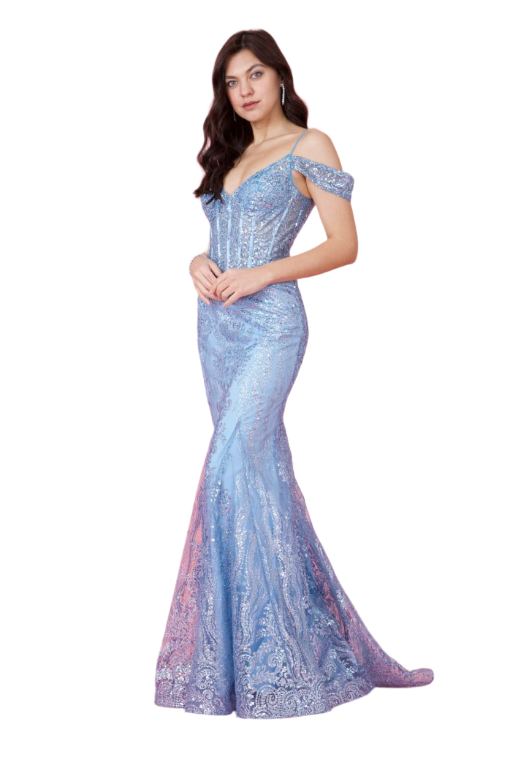 Dylan and Davids Off Shoulder Sequin Corset-Style Formal Gown Dress  - Periwinkle - FRONT VIEW
