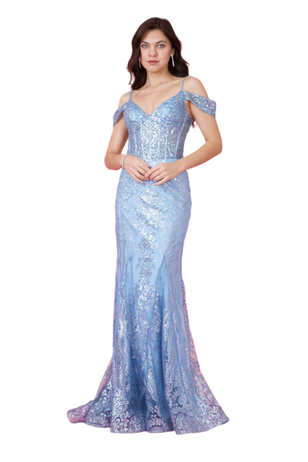 Dylan and Davids Off Shoulder Sequin Corset-Style Formal Gown Dress  - Periwinkle - FRONT