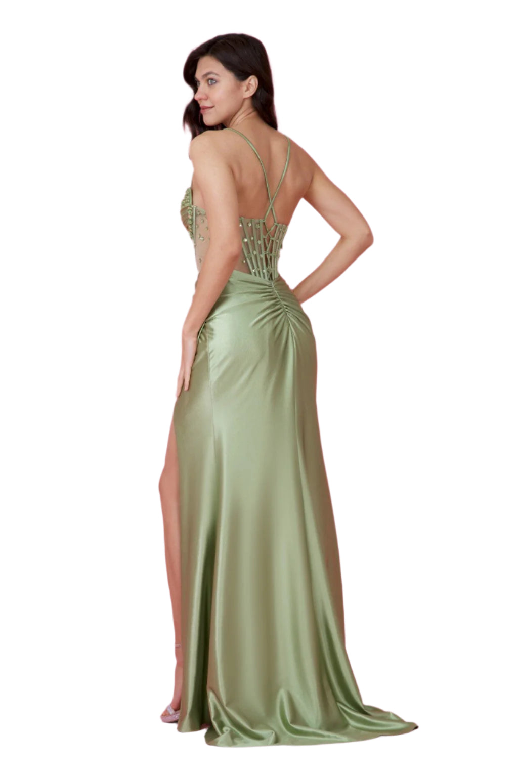 Kos Couture Full-Length Beaded Formal Gown Corset-Style Prom Dress -SAGE- BACK