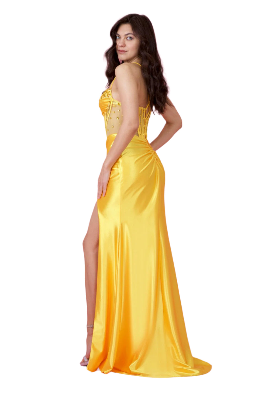 Kos Couture Full-Length Beaded Formal Gown Corset-Style Prom Dress - YELLOW - SIDE