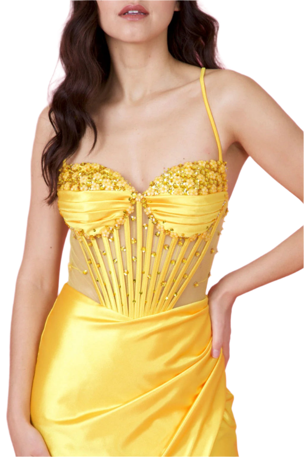 Kos Couture Full-Length Beaded Formal Gown Corset-Style Prom Dress - YELLOW - NECK VIEW