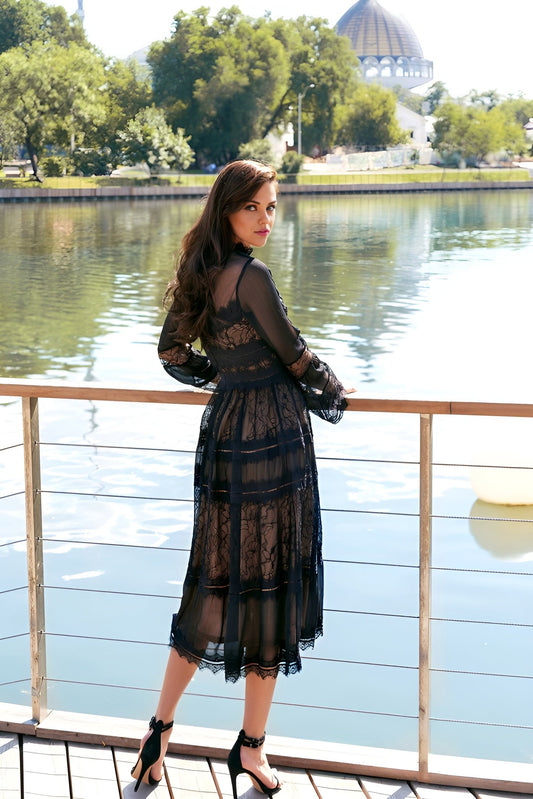 Floor Length Sleeve Lace Formal Black Cocktail Dress