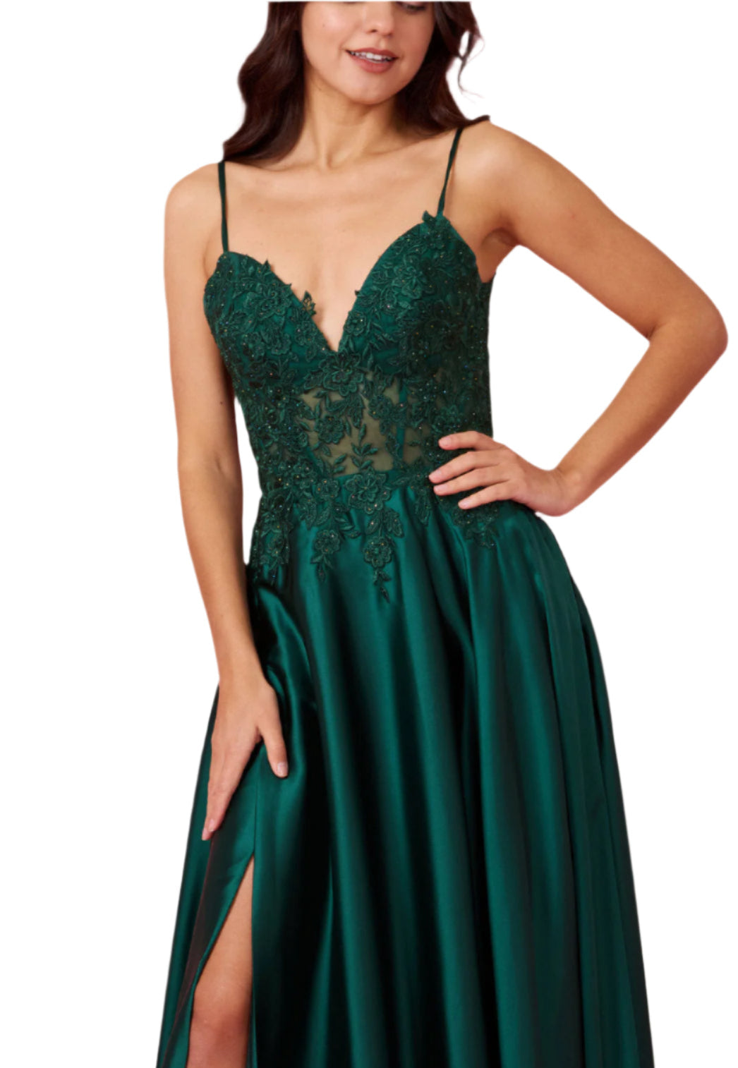 Dylan and Davids Full-Length Chiffon Lace Illusion Formal Gown Prom Dress - EMERALD GREEN - FRONT DETAILED VIEW